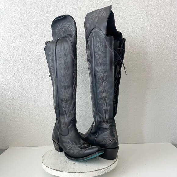 Lane LEXINGTON Knee High Womens Cowboy Boots 10 Jet Black Western Cowgirl Tall - Picture 1 of 11